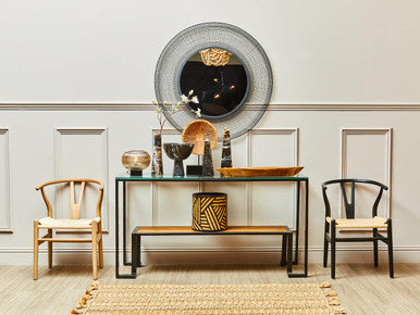 Tempered Glass Top 2-Tier Console Table with Wood Lower Shelf and Black Metallic Frame | Cibo