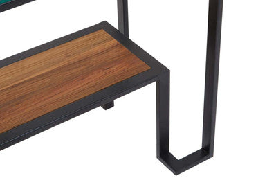 Tempered Glass Top 2-Tier Console Table with Wood Lower Shelf and Black Metallic Frame | Cibo