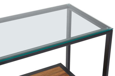 Tempered Glass Top 2-Tier Console Table with Wood Lower Shelf and Black Metallic Frame | Cibo