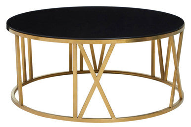 Alana Round Coffee Table with Gold Frame and Black Glass