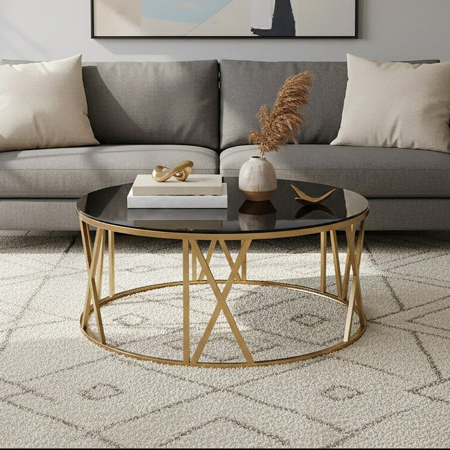 Alana Round Coffee Table with Gold Frame and Black Glass