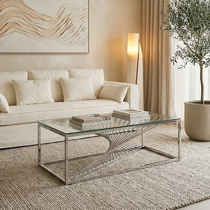 Amella Silver Stainless Steel Coffee Table with Clear Tempered Glass Top