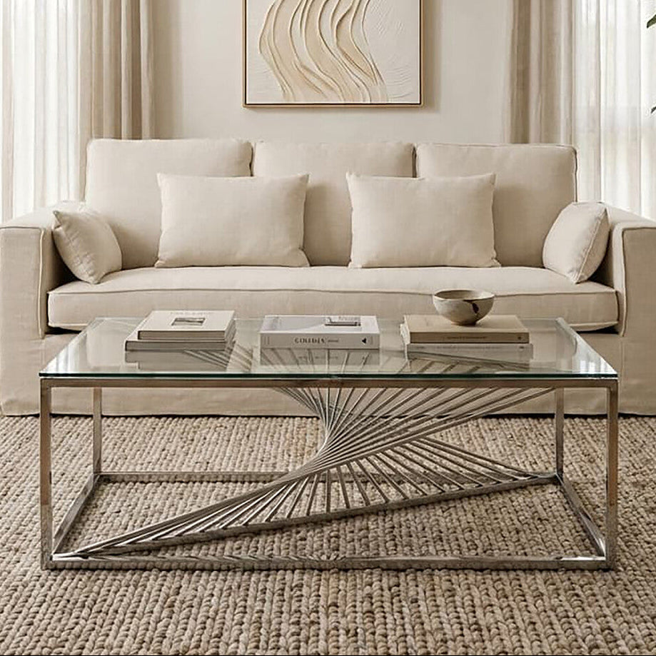 Amella Silver Stainless Steel Coffee Table with Clear Tempered Glass Top