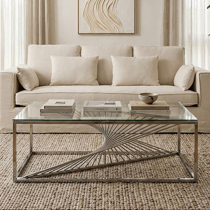 Amella Silver Stainless Steel Coffee Table with Clear Tempered Glass Top