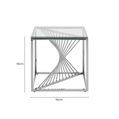 Amella Silver Stainless Steel Side Table with Clear Tempered Glass Top