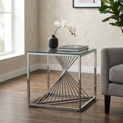 Amella Silver Stainless Steel Side Table with Clear Tempered Glass Top