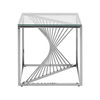 Amella Silver Stainless Steel Side Table with Clear Tempered Glass Top