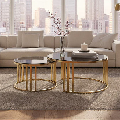 Alana Set of 2 Gold Base and Glass Top Round Nesting Coffee Tables