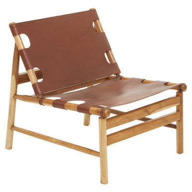 Kendari Antique Brown Leather Sling Chair with Wood Frame