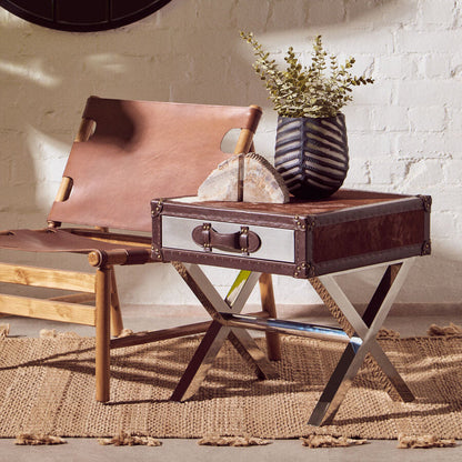 Kendari Antique Brown Leather Sling Chair with Wood Frame