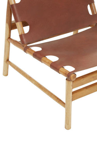 Kendari Antique Brown Leather Sling Chair with Wood Frame