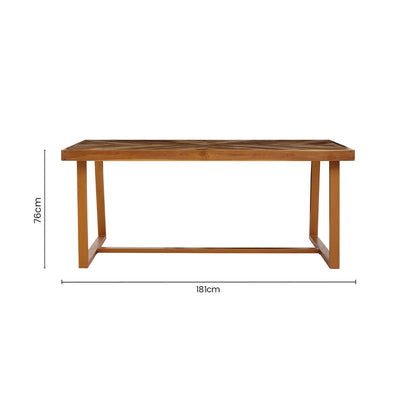 Natural Teak Wood Dining Table with Herringbone Top and Gold Finish Metal Frame | Kendari