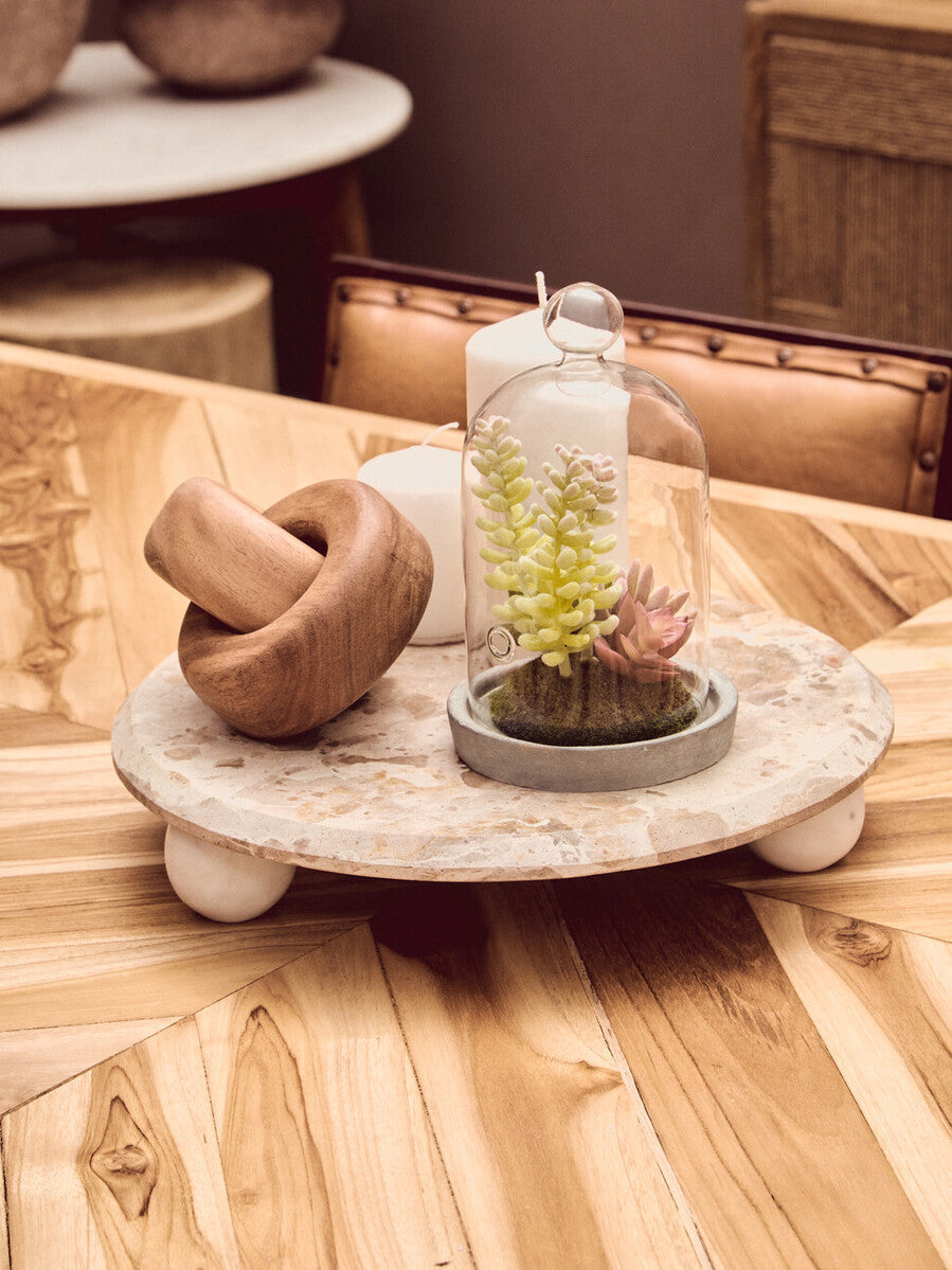Natural Teak Wood Dining Table with Herringbone Top and Gold Finish Metal Frame | Kendari