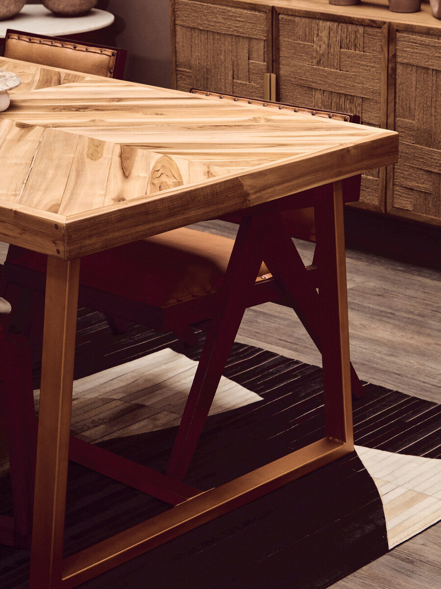 Natural Teak Wood Dining Table with Herringbone Top and Gold Finish Metal Frame | Kendari