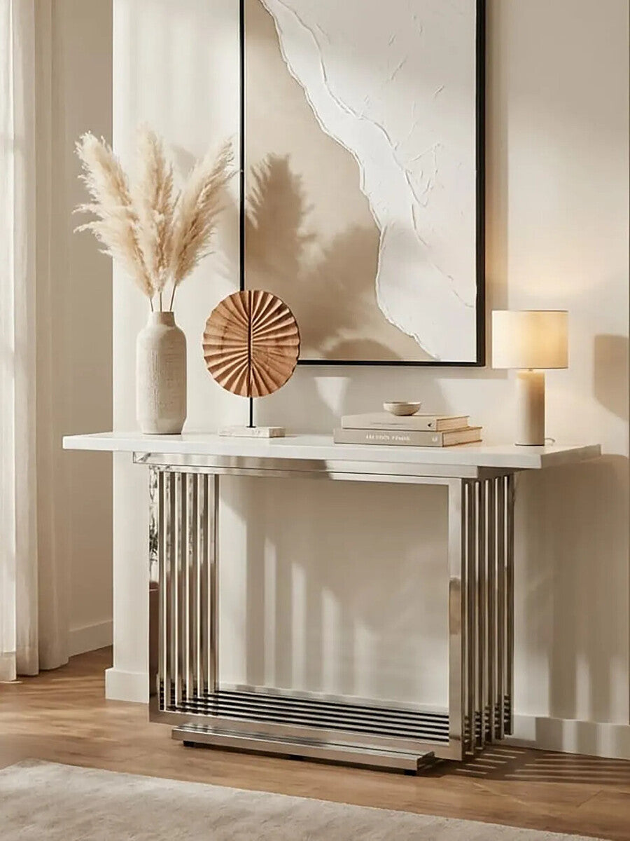 Moda White Faux Marble Console Table With Silver Finish Frame