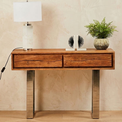 Brown Warm Toned Acacia Wood Two-Drawer Console Table with Silver Stainless Steel Legs | Simla