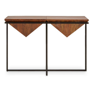 Brown Acacia Wood Pyramid Style Console Table with Black Metal Frame | Shimla