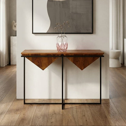 Brown Acacia Wood Pyramid Style Console Table with Black Metal Frame | Shimla