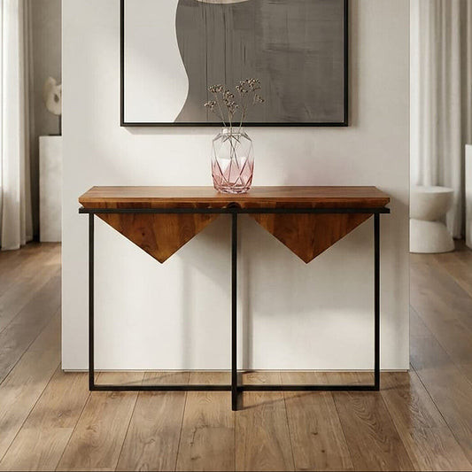 Brown Acacia Wood Pyramid Style Console Table with Black Metal Frame | Shimla