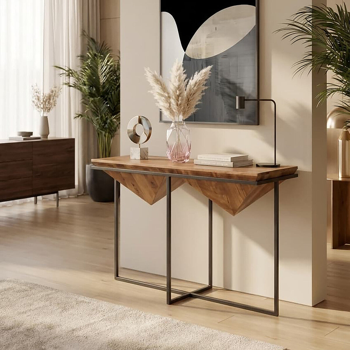 Brown Acacia Wood Pyramid Style Console Table with Black Metal Frame | Shimla