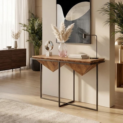 Brown Acacia Wood Pyramid Style Console Table with Black Metal Frame | Shimla