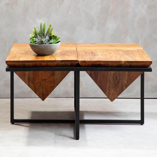 Brown Acacia Wood Pyramid Style Coffee Table with Black Metal Frame | Shimla