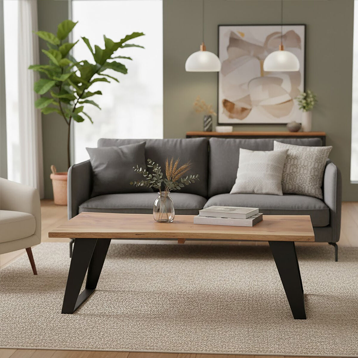 Live Edge Acacia Wood Top Coffee Table with Black Iron Legs | Surax