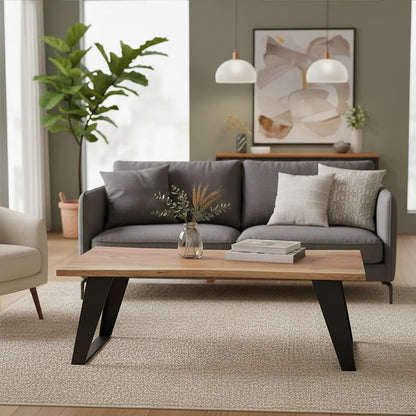 Live Edge Acacia Wood Top Coffee Table with Black Iron Legs | Surax