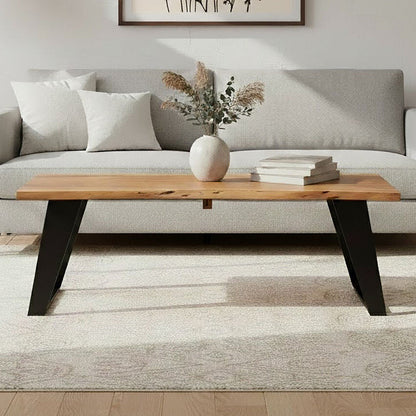 Live Edge Acacia Wood Top Coffee Table with Black Iron Legs | Surax