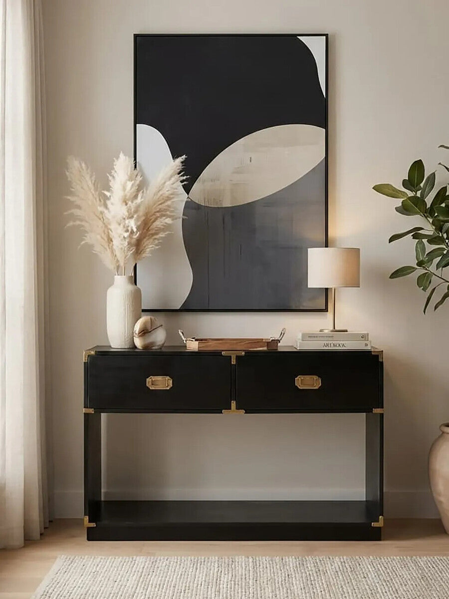 Black Mango Wood 2-Drawer Console Table with Gold-Tone Handles | Sarter
