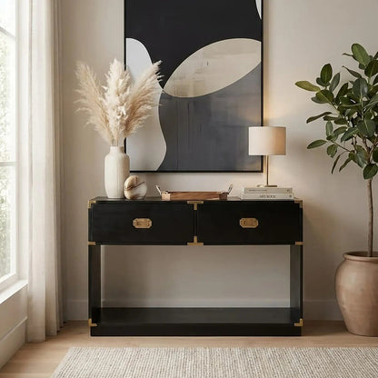 Black Mango Wood 2-Drawer Console Table with Gold-Tone Handles | Sarter