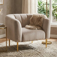 Yasmeen Silver Grey Velvet Barrel Back Armchair with Gold Finish Legs