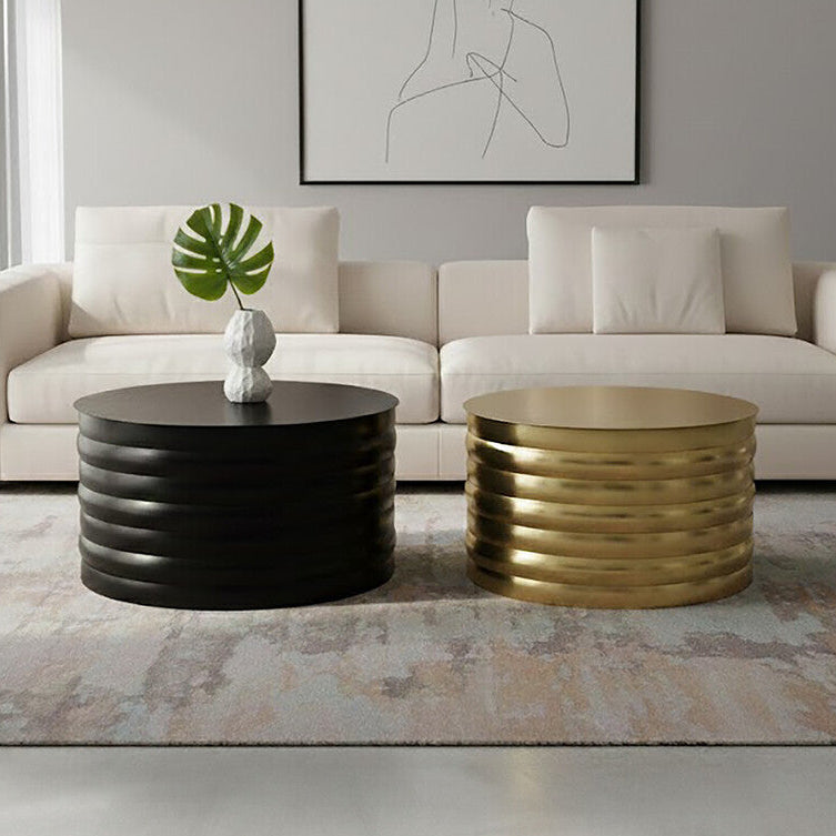 Set of Two Round Black and Brass Aluminium Coffee Tables with Ribbed Pattern | Arti