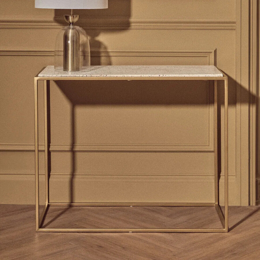 Gold Finish Metal Console Table with White Marble Rectangular Top | Templar