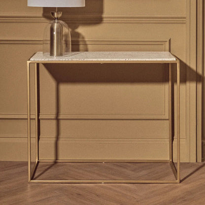 Gold Finish Metal Console Table with White Marble Rectangular Top | Templar