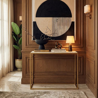 Gold Finish Metal Console Table with White Marble Rectangular Top | Templar