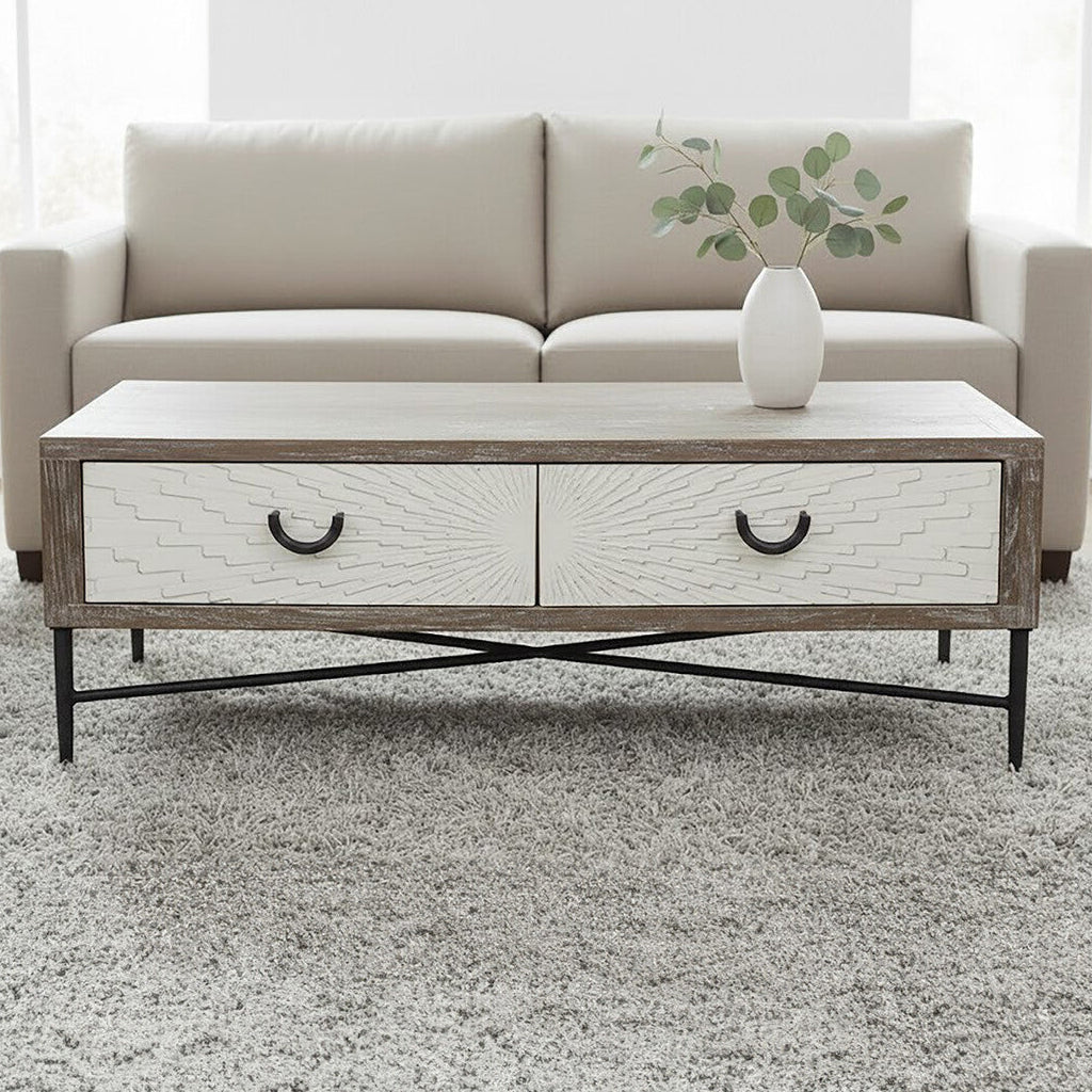 Dark Mud Grey Recycled Elm Wood Coffee Table with Two Storage Drawers and Metal Frame | Milan
