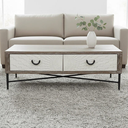 Dark Mud Grey Recycled Elm Wood Coffee Table with Two Storage Drawers and Metal Frame | Milan