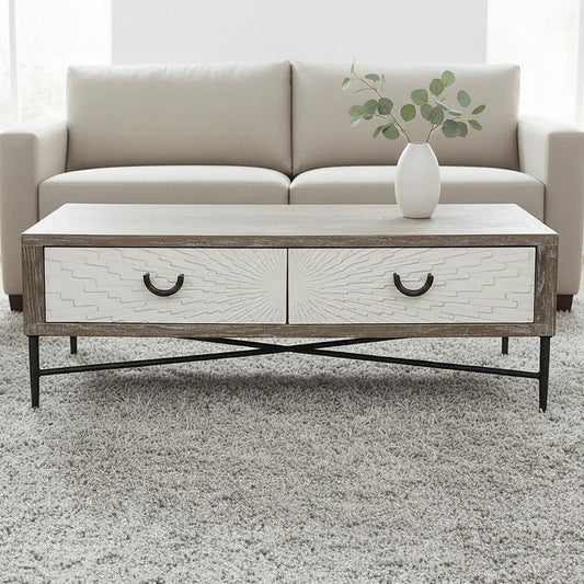 Dark Mud Grey Recycled Elm Wood Coffee Table with Two Storage Drawers and Metal Frame | Milan