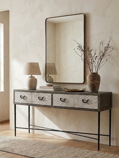 Milan Grey Recycled Elm Wood 4 Drawer Console Table