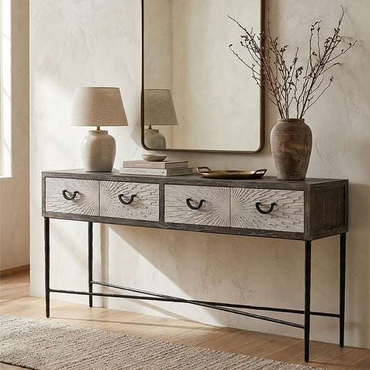 Milan Four Drawer Elm Wood Console Table