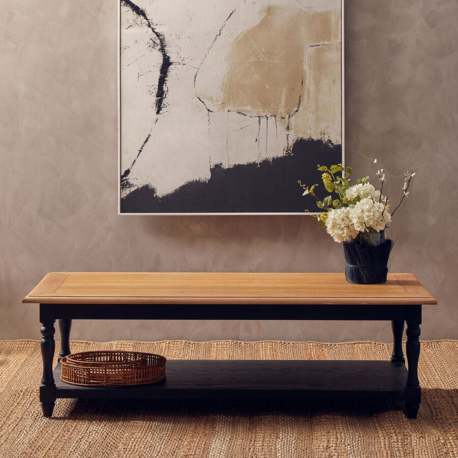 Antique Oak Top Coffee Table with Grey Birchwood Legs and Storage Undershelf | Kensington Townhouse