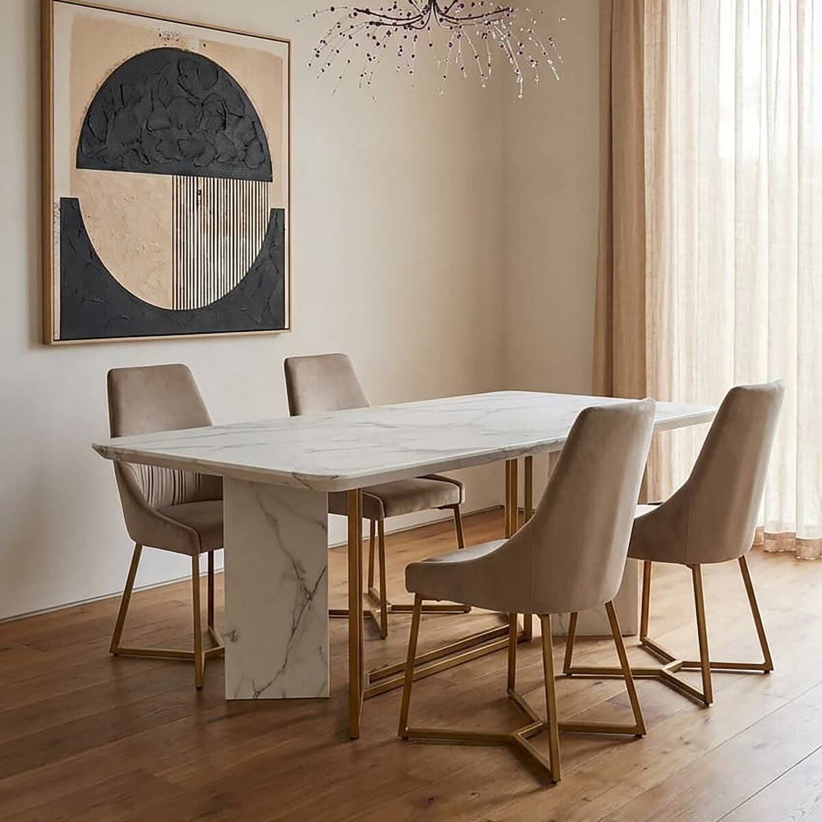 Rectangular White Marble Dining Table with Gold Finish Legs | Vieste