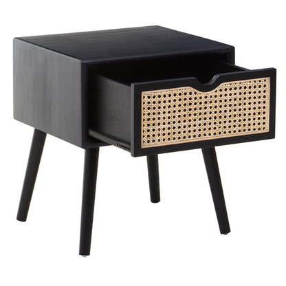 Cebu Black Side Table with Rattan Drawer