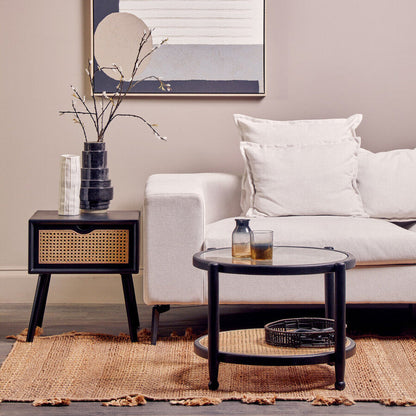 Cebu Black Side Table with Rattan Drawer