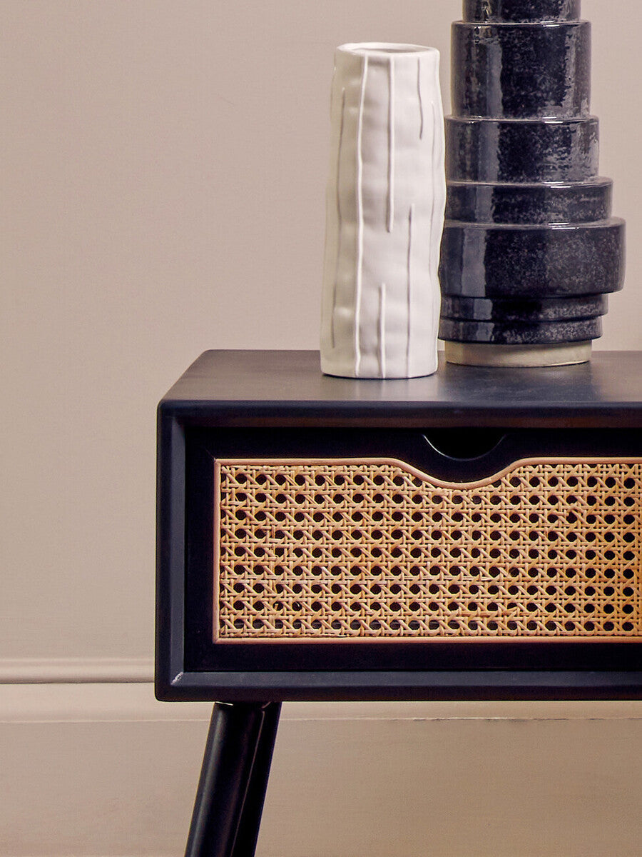 Cebu Black Side Table with Rattan Drawer