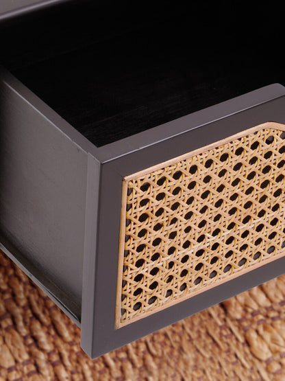Cebu Black Side Table with Rattan Drawer