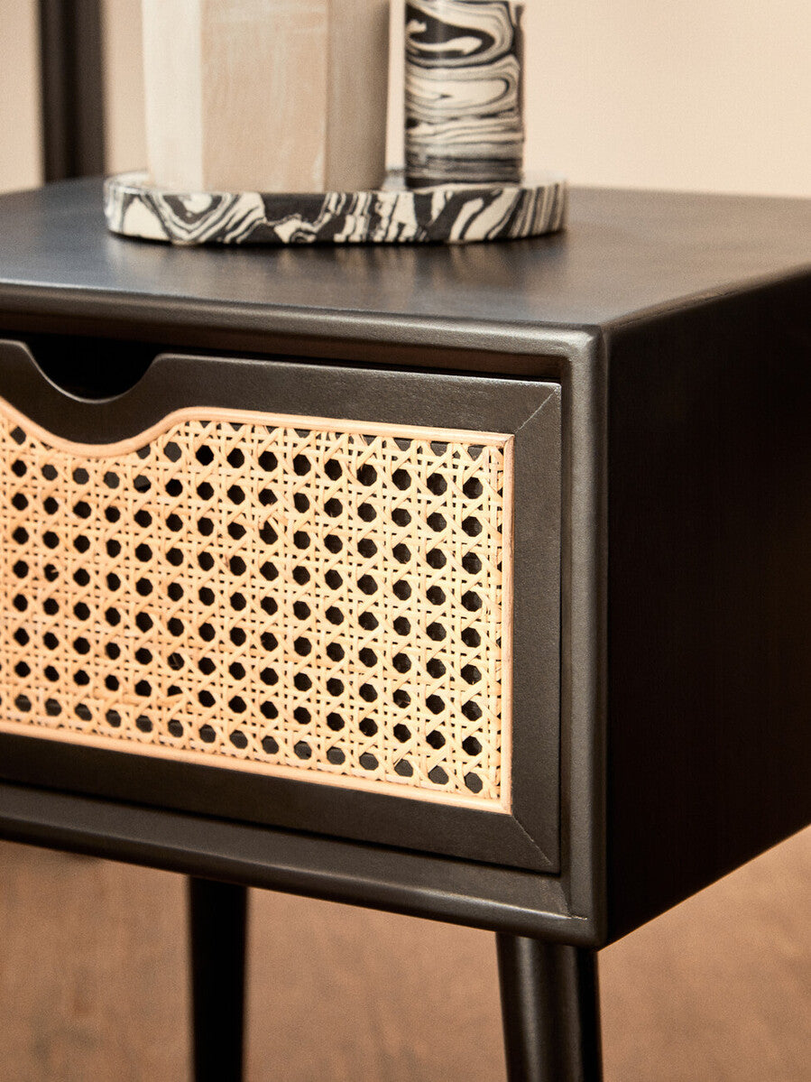 Cebu Black Side Table with Rattan Drawer