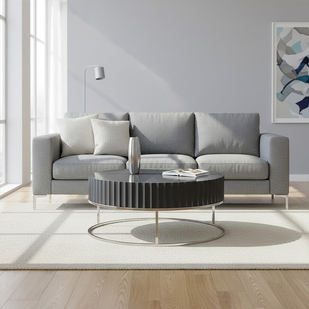 Grey Gloss Finish Wooden Coffee Table with Stainless Steel Base | Genoa
