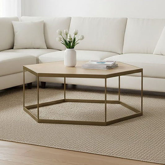 Natural Oak Hexagonal Veneer Coffee Table with Brown Brushed Brass Steel Frame | Grenoble